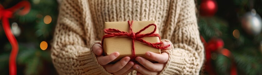 A person is holding a gift with a red ribbon on it