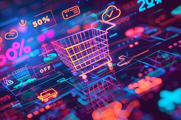 An abstract digital illustration of an online sale, featuring a shopping cart, product icons, and bold discount percentages. Generative AI