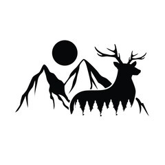 Deer in the forest scene illustration. Wildlife silhouettes