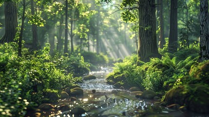 Obraz premium Dense forest with a small stream, sunlight filtering through the trees, lush greenery, hyper-realistic