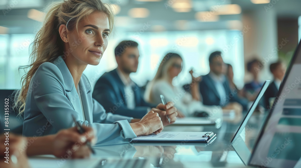 Aufkleber Business formal meeting conference discussion with coworker shareholder or client concentrate private idea data report analysis businesspeople working find solution together in office. Generative AI.