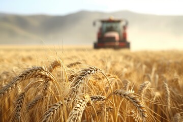 Red tractor harvests wheat with ripe golden ears in the foreground