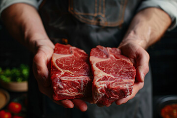 a man holding two pieces of meat in his hands