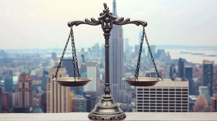 4. Design an image of the scales of justice balanced against a backdrop of a city skyline, embodying the fairness and integrity upheld by legal services in society.