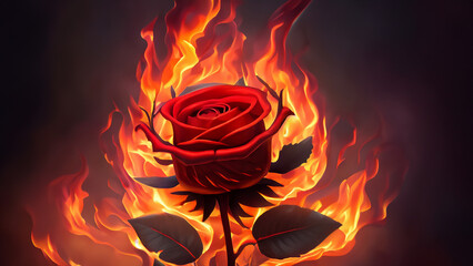 Burning red rose, dark atmospheric mood, fantasy awesome background. Burning red rose art illustration design 