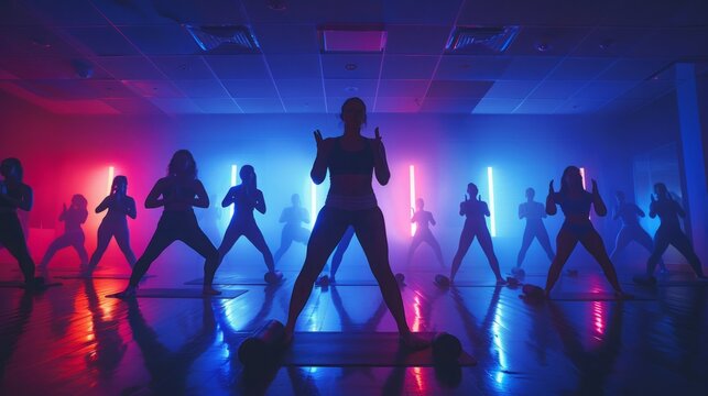 A group of people exercise in a fitness class, their silhouettes illuminated by colorful neon lights.