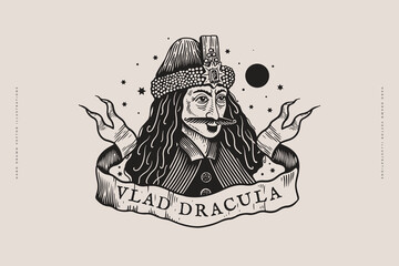 Vampire Count Dracula in engraving style. Hand drawn portrait of Vlad Tepes on a light background. Famous literary and historical character. Vector isolated illustration. © KOSIM