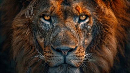 Naklejka premium Capture a majestic lions gaze from a dynamic tilted angle, showcasing its powerful presence with detailed fur and piercing eyes in a photorealistic style