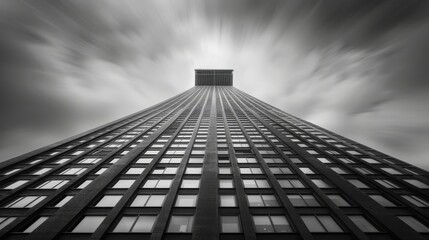 Capture the elegance of a lone skyscraper standing tall against a cloudy sky in a dramatic tilted angle view, emphasizing contrast and depth in striking black and white tones