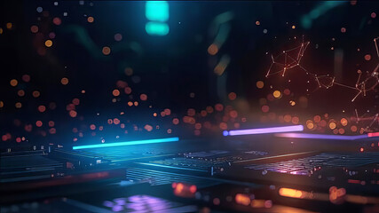 Obraz premium dark technology background with shimmering neon particles, smooth waves above the surface, basis for design, abstract dark background,