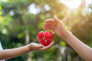 Human hand giving a red heart with a cardiogram to a girl's hand, symbolizing hope and the importance of organ donation