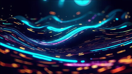 Naklejka premium dark technology background with shimmering neon particles, smooth waves above the surface, basis for design, abstract dark background,