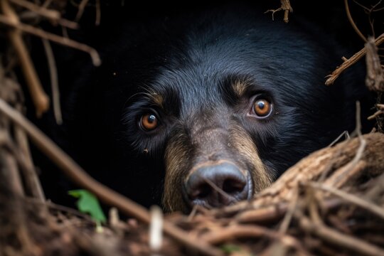A close-up view of a black bear peeking out of a hole, potentially seeking food or shelter