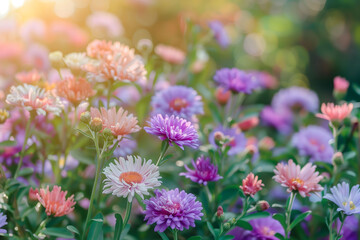 Title: Striking aster blossoms in a lush, thriving garden landscape