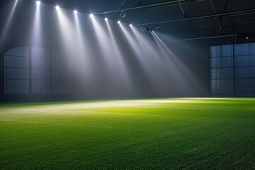 Empty soccer field with rows of spotlights shining down, creating a mesmerizing play of light and shadow