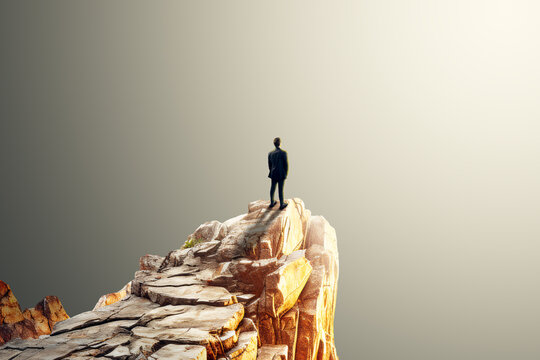 A person standing on the edge of a high rocky cliff with a soft light background, depicting a concept of challenge. Generative AI - Powered by Adobe