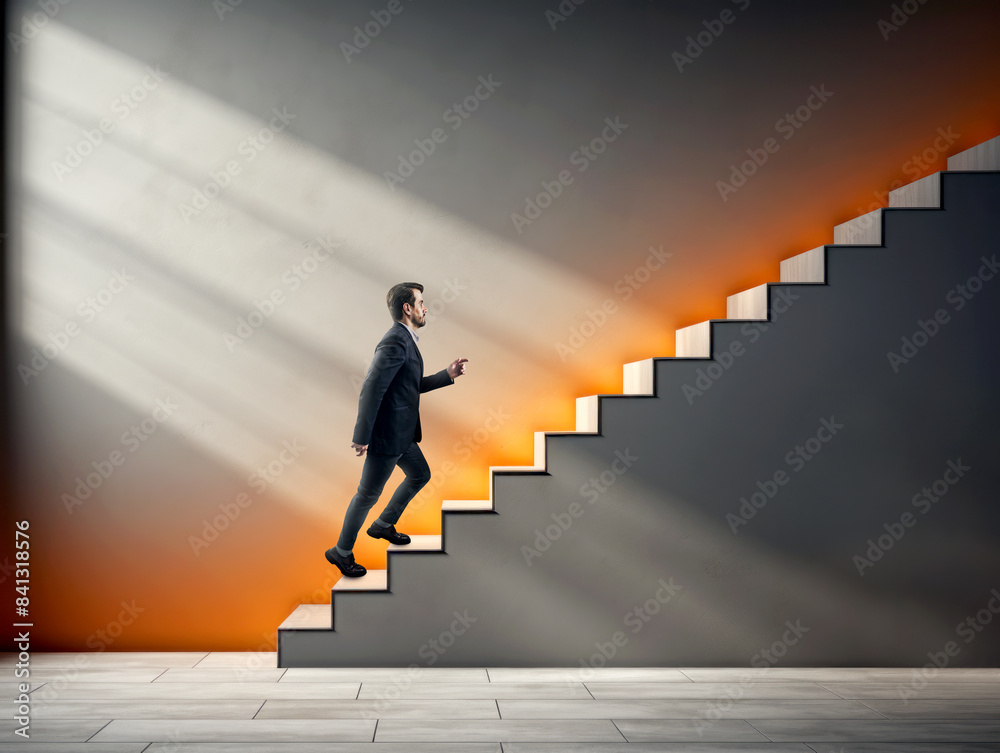 Aufkleber a man ascending a staircase with contrasting light and shadows, on a plain background, concept of pr