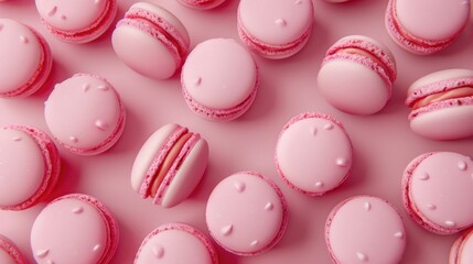 Obraz premium A collection of pink macarons arranged on a bright pink surface, ideal for use in food or dessert-themed designs
