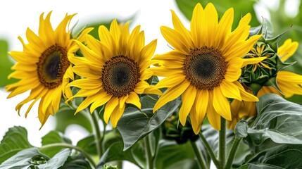 Obraz premium Bright yellow sunflowers standing tall with lush green leaves, perfect for nature and garden-themed projects