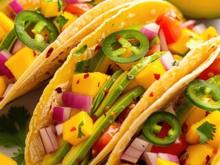 A colorful plate of tacos topped with sweet and spicy mango salsa and crispy jalapenos