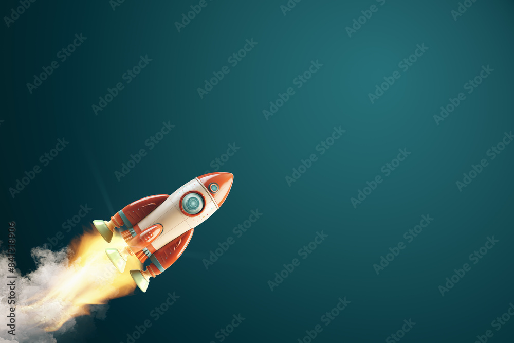 Poster an illustrated space rocket blasting off against a dark teal background, depicting the concept of la