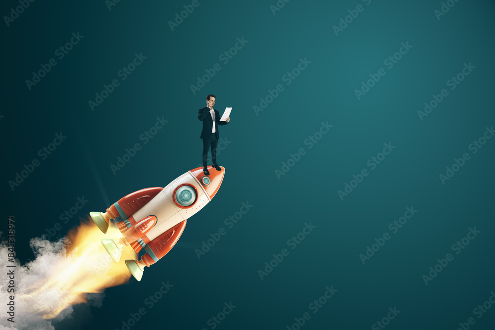 Poster a man in a suit on a rocket with a laptop, on a dark teal background, depicting the concept of start