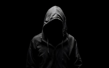 Faceless individual in a hoodie, isolated against a black backdrop, evoking images of hackers, dark demons, and enigmatic characters, ideal for Halloween or secretive scenarios