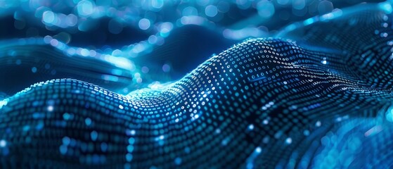 Flowing waves of binary code representing the concept of digital data, illustrating the seamless movement and processing of information in a virtual environment