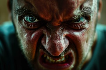 Close-up of a man with deep wrinkles and intense, angry eyes staring at the camera