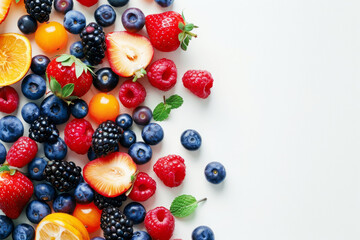 Fototapeta premium Variety of colorful berries and fruits on white background