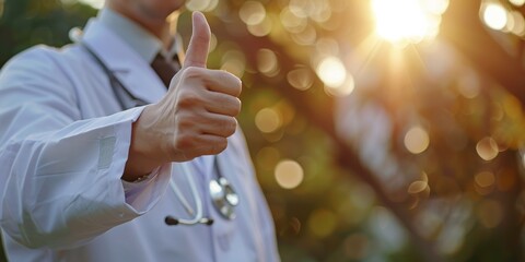Obraz premium Medical professional with thumbs up and hand in thank-you gesture against blurred background. A skilled surgeon with stethoscope in yes sign for health success