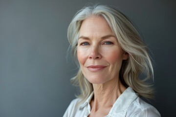 Fototapeta premium Face, beauty, and skincare with a model woman in studio on gray background for luxury or wellness. A beautiful young woman promotes natural facial, cosmetic, and antiaging treatments.