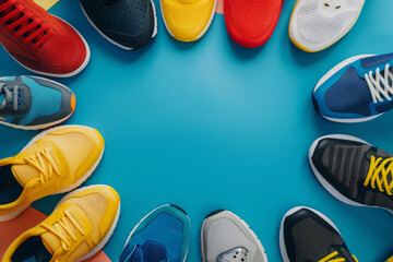 Top view of various athletic shoes arranged in circle on blue background