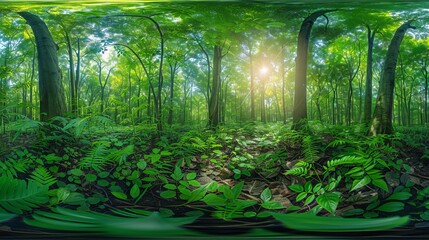 Immerse viewers in a lush forest canopy with a low-angle 360 photography shot Highlight the interplay of light and shadow on vibrant leaves