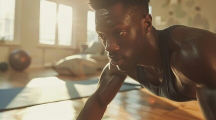 Black man with joint pain, plank exercise and floor in house, red glow and overlay on living room arms. African Gen Z male, training, vision for healthy, strong body, muscle development, aims