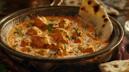Restaurant food, kitchen, and naan with chicken curry for health, hospitality, and nutrition. Fine eating, diet, and AI developed with closeup of Indian caf&eacute; supper, cookery, and retail.