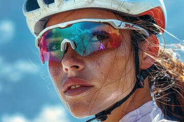 A close-up of a young woman athlete cyclist wearing a protective helmet and goggles