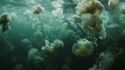 Fototapeta premium An ethereal scene of jellyfish blooms creating a surreal and otherworldly atmosphere in the ocean waters.