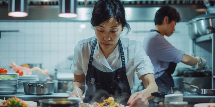 Japanese chef, woman, and kitchen with knife, cooking, and catering goods. Restaurant, cafe, or diner worker with food and chopping board for nutrition, diet, or health