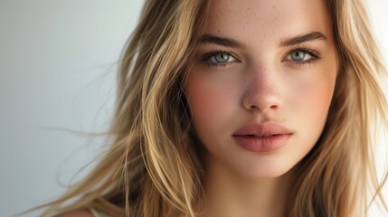 Obraz premium Portrait of blonde woman with beautiful hair, natural skincare, and aesthetic wellness in studio. Face, female model, cosmetic dermatology, salon shampoo, and healthy shine