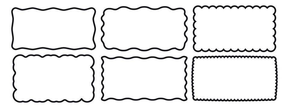 Set of rectangular scalloped and wavy frame. Pop vintage groovy border. Vector illustration on white background
