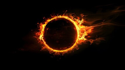 abstract solar eclipse, black background, glowing fire lines around the sun