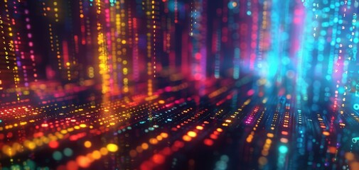 Obraz premium Abstract digital technology background with vibrant colors and glowing dots, representing data flow and futuristic visual information.