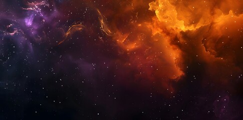 a background of dark space with orange and purple sparks, smoke on the right side, stars in black sky