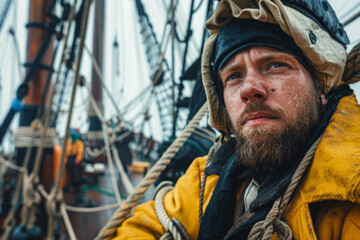 Close-up portrait of sailor on ship deck. Man wearing yellow raincoat looking at distance, standing on boat in open sea