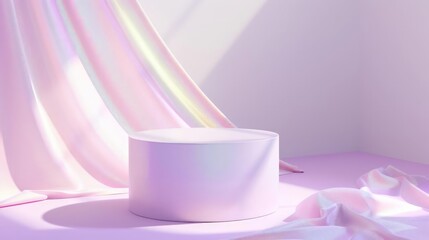 Minimalist display setup featuring a cylindrical podium on a soft lilac backdrop with shimmering rainbow crystal light reflections