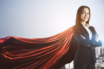 A woman with a red cape stands confidently, arms crossed, against a cityscape, symbolizing power and leadership. Generative AI