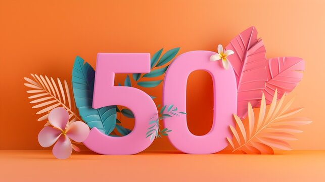 Vibrant 3D Rendered Fiftieth Anniversary with Botanical Elements