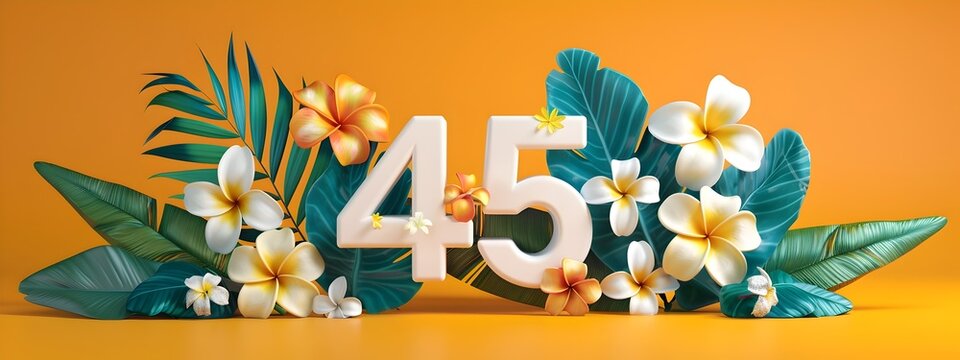Vibrant 3D Rendered Number 45 Decorated with Tropical Leaves and Flowers on Bright Background