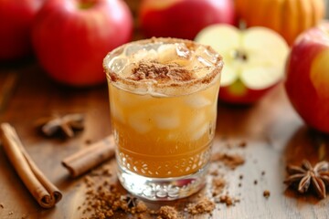 Refreshing apple cider cocktail garnished with cinnamon, surrounded by fresh apples and spices
